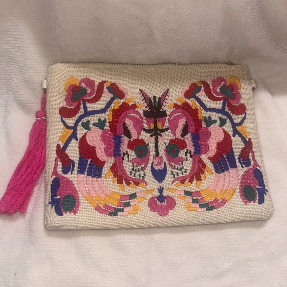 Embroidered Clutch with Pink Tassel